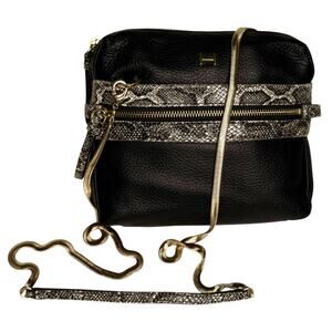 Halston Handbag Black Leather Snakeskin Detail Crossbody Purse Gold Chain Strap